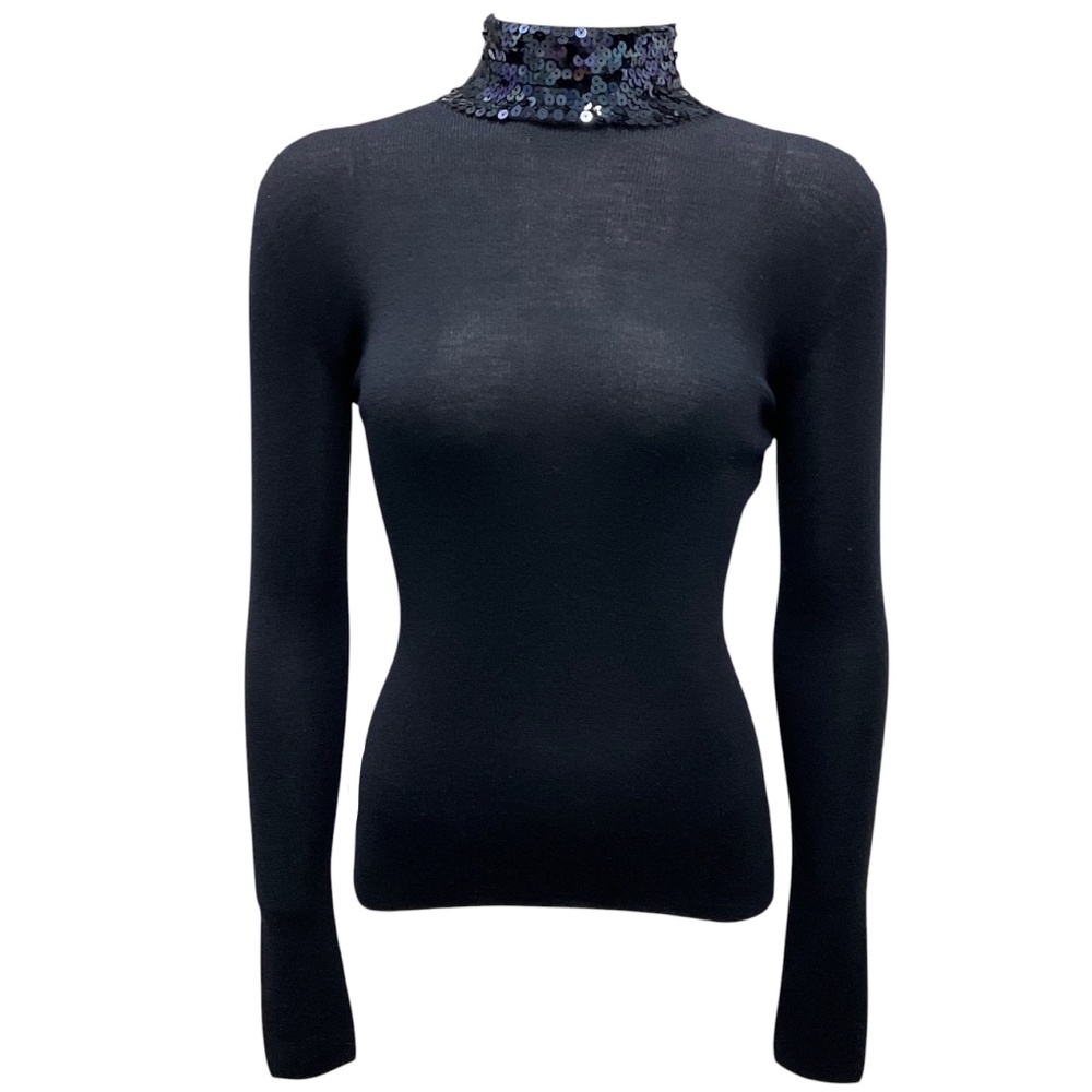 CHRISTIAN DIOR NAVY BLUE SEQUIN PAILLETTE EMBELLISHED COLLAR WOOL AND SILK KNIT